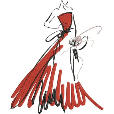 An embroidery design of a stylish figure wearing a flowing red dress, elegantly posed with one hand on the waist and holding a flower bouquet.