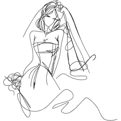 An embroidery design of a beautifully stylized bride wearing a flowing gown and veil, holding a bouquet.