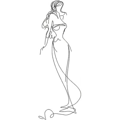 An embroidery design of an elegant woman in a flowing gown, captured in a minimalist, continuous line style.
