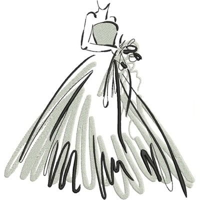An embroidery design of a graceful evening gown with flowing lines and a delicate bow.