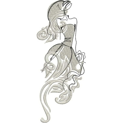 An embroidery design of a graceful woman in a flowing dress, accented with elegant swirls and a floral element.