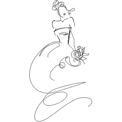 An embroidery design of a graceful figure in a flowing gown, elegantly holding a flower.