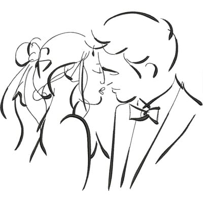 An embroidery design of a couple leaning in for a kiss, delicately outlined in elegant, flowing lines.