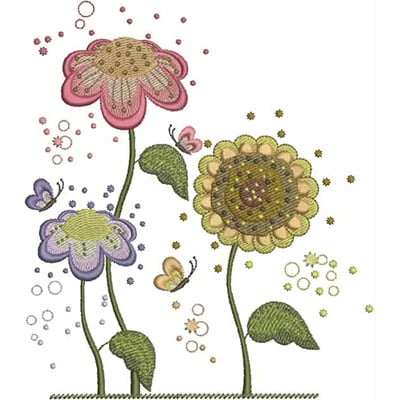 An embroidery design of three colorful flowers with whimsical butterflies and decorative elements surrounding them.