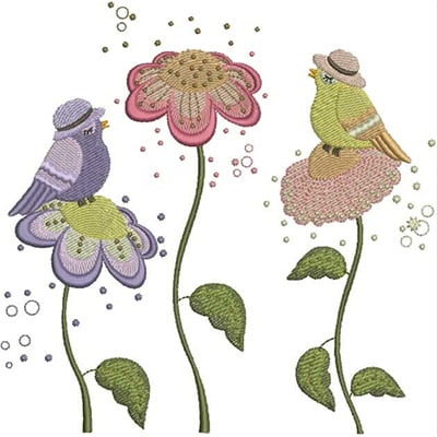 An embroidery design of two colorful birds perched on flowers, featuring playful hats and intricate floral details.