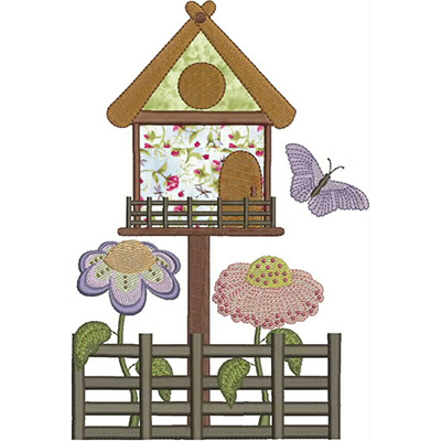 An embroidery design of a charming birdhouse surrounded by colorful flowers and a butterfly, all featuring intricate stitching and details.