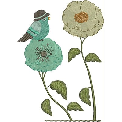 An embroidery design of a charming bluebird perched on a teal flower next to a cream-colored blossom, with delicate green stems and leaves.