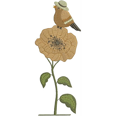 An embroidery design of a cheerful bird wearing a hat perched atop a large flower with green leaves.