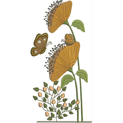 An embroidery design of tall, golden flowers accompanied by a butterfly and delicate green leaves, showcasing intricate detailing.