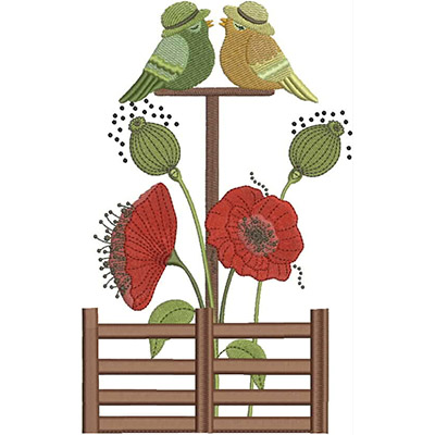 An embroidery design of two colorful birds perched atop a floral arrangement featuring vibrant red poppies and delicate green buds, complemented by a wooden fence.