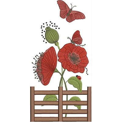 An embroidery design of vibrant red poppy flowers with delicate butterflies and green foliage, complemented by a wooden fence motif.