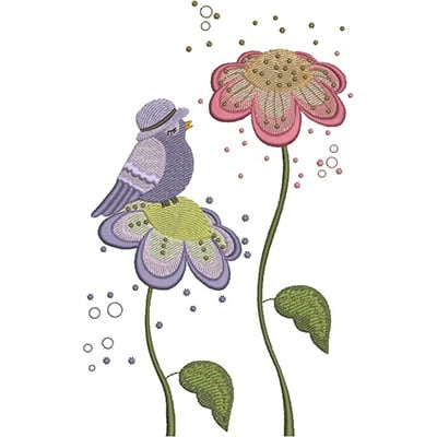 An embroidery design of a cheerful bird perched on two vibrant, oversized flowers with decorative accents.