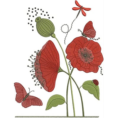 An embroidery design of vibrant red flowers and delicate butterflies, showcasing intricate stitching and a lively composition.