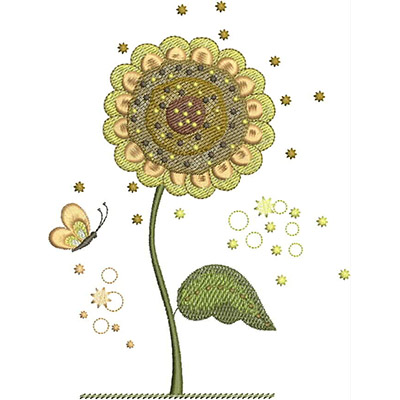 An embroidery design of a vibrant sunflower with layered petals and a small butterfly beside it.