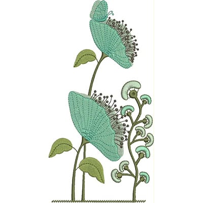 An embroidery design of stylized green flowers with delicate leaves and intricate details.