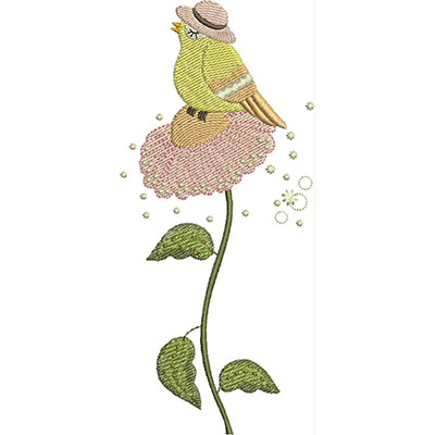 An embroidery design of a whimsical bird wearing a hat perched on a pink flower with green leaves.
