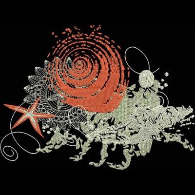 An embroidery design of a spiraling rose in orange surrounded by intricate floral motifs and a starfish in complementary colors.