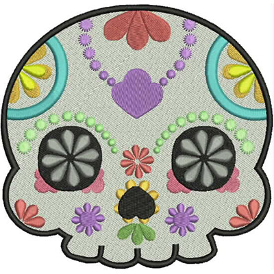 An embroidery design of a colorful decorative skull adorned with flowers, dots, and heart shapes in vibrant hues.