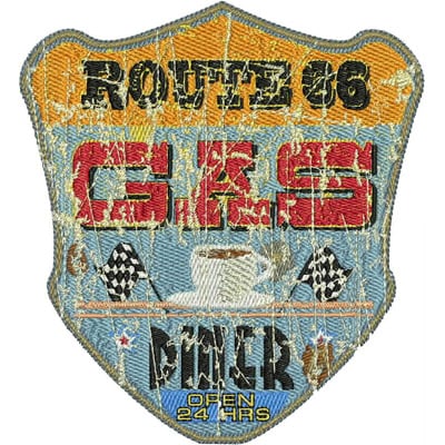 An embroidery design of a vintage-style Route 66 gas station badge featuring bold lettering and checkered flags.