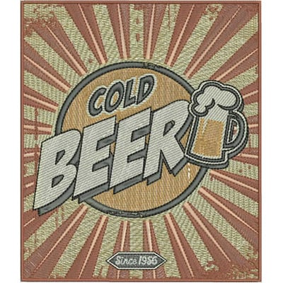 An embroidery design of a circular logo featuring the words "COLD BEER" with a stylized beer mug and radial lines in the background.
