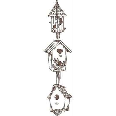 An embroidery design of three intricately styled birdhouses, featuring floral accents and decorative elements on each house.