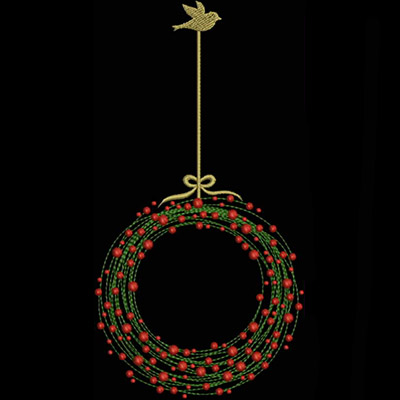 An embroidery design of a decorative wreath adorned with red berries and a golden bow, suspended by a golden ribbon with a small bird at the top.