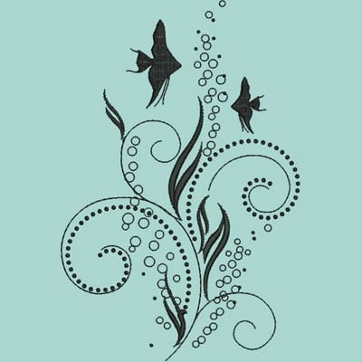 An embroidery design of graceful fish swimming amidst flowing seaweed and bubbles, creating an elegant swirling motif.