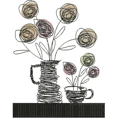 An embroidery design of a whimsical arrangement of flowers in a curved vase and a small cup, depicted with flowing lines and a minimalist style.