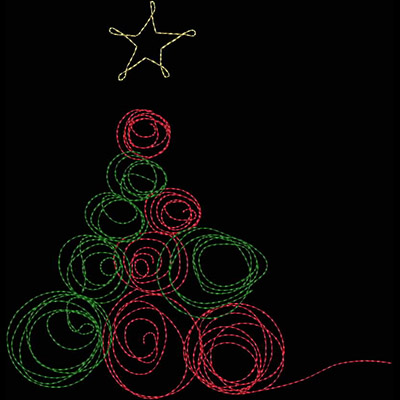 An embroidery design of a whimsical Christmas tree made from colorful swirling lines, topped with a star.