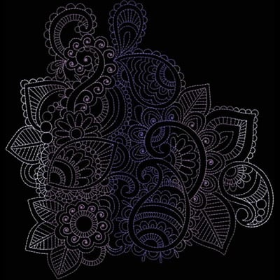 An embroidery design of intricate floral and paisley motifs featuring a blend of swirling lines and delicate patterns.