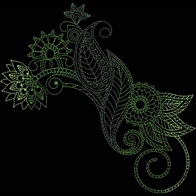 An embroidery design of intricate floral motifs and swirling leaves in shades of green, showcasing elegant detailing and a harmonious flow.