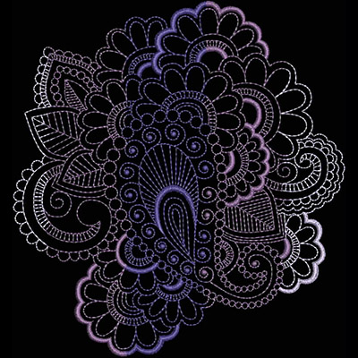 An embroidery design of intricate floral and paisley patterns, featuring swirling lines and detailed shapes in a gradient of purples and blacks.