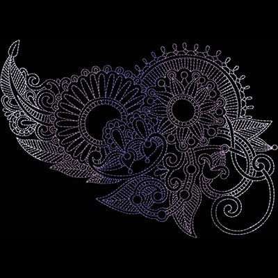 An embroidery design of intricate swirling patterns featuring floral motifs and circular elements that create a harmonious and ornate composition.