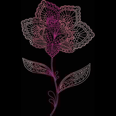An embroidery design of a detailed flower with intricate lace-like petals and decorative leaves in a gradient of colors.