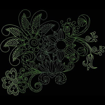 An embroidery design of intricate floral motifs featuring various leaves and blossoms in shades of green and black.