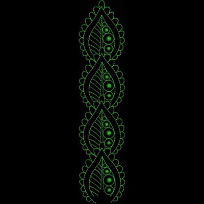 An embroidery design of a vertical pattern featuring intricate leaves and circular motifs in vibrant green thread.