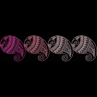 An embroidery design of four stylized seashells featuring intricate patterns and gradient color variations.