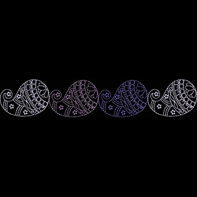 An embroidery design of intricately detailed, swirling paisley shapes in shades of purple and white arranged in a repeating pattern.