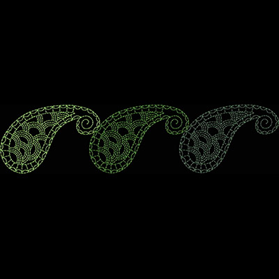 An embroidery design of three elegant paisley shapes, featuring intricate line work and a gradient color scheme from green to gray.