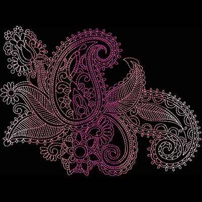 An embroidery design of intricate floral patterns featuring swirls, leaves, and flowers in a gradient of pink and white tones.