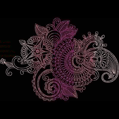 An embroidery design of intricate floral and swirling patterns featuring various shapes and details in a harmonious arrangement.