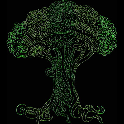 An embroidery design of a stylized tree featuring intricate swirls and leafy patterns in shades of green.