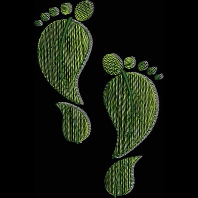 An embroidery design of green footprints shaped like leaves, featuring intricate stitching details.