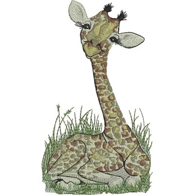 An embroidery design of a cute, sitting giraffe with intricate patterns on its coat and expressive eyes.