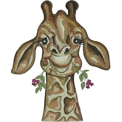An embroidery design of a cheerful giraffe with a friendly expression, adorned with flowers and leaves.