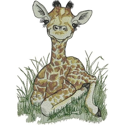 An embroidery design of a playful giraffe lying down, featuring a whimsical expression and detailed fur patterns.