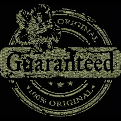 An embroidery design of a circular stamp featuring the word "Guaranteed" prominently, surrounded by the phrase "100% Original" and adorned with a floral accent.