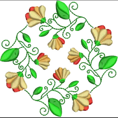 An embroidery design of a circular arrangement of stylized flowers in cream and red, accented with vibrant green leaves and flowing vine patterns.