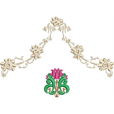 An embroidery design of delicate floral motifs arranged in an elegant symmetrical pattern with a central vibrant tulip.