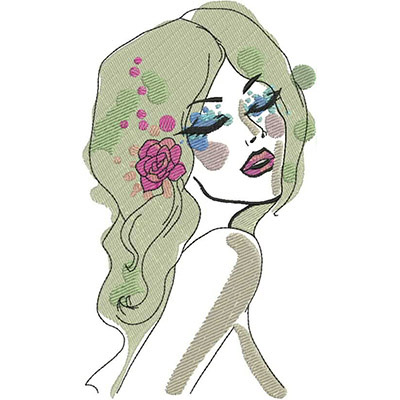An embroidery design of a stylized woman with flowing hair adorned with flowers and artistic makeup accents.